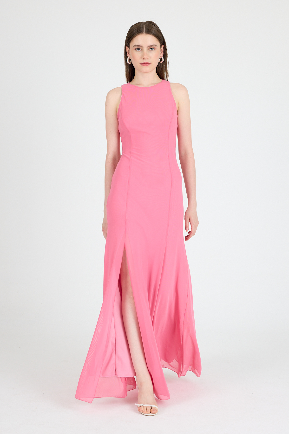 Pembe Yandan Yırtmaçlı Tül Uzun Elbise 251657 - 2