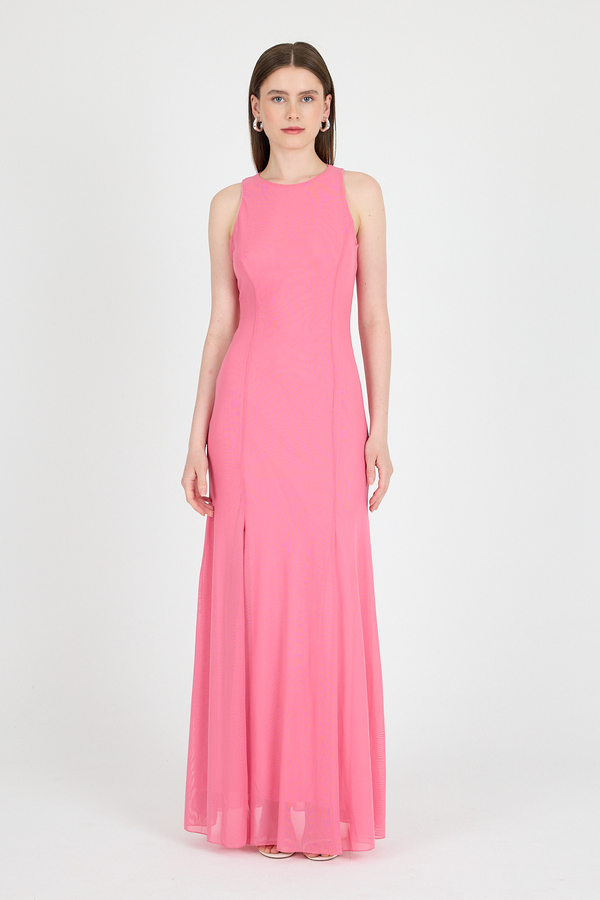 Pembe Yandan Yırtmaçlı Tül Uzun Elbise 251657 - 3