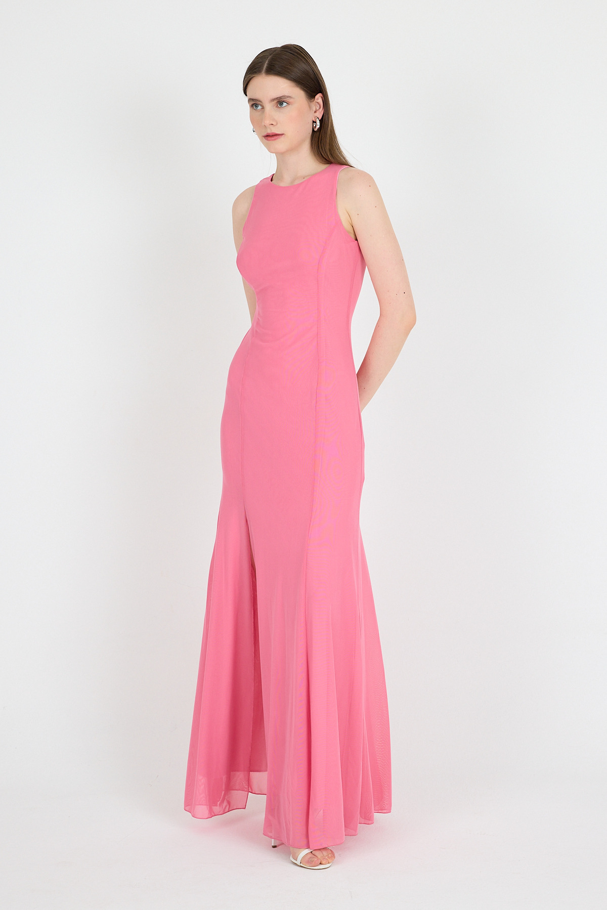 Pembe Yandan Yırtmaçlı Tül Uzun Elbise 251657 - 6