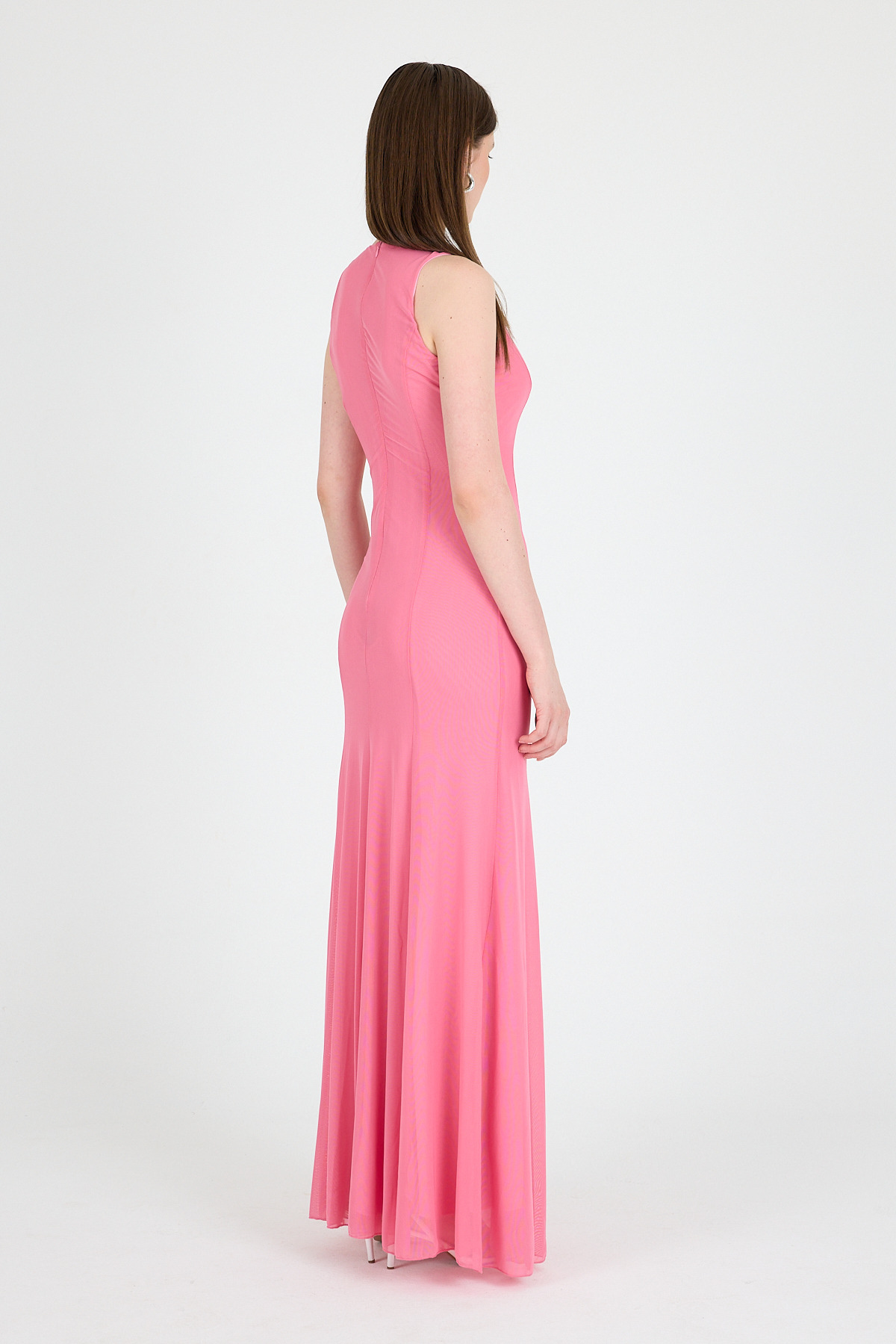 Pembe Yandan Yırtmaçlı Tül Uzun Elbise 251657 - 5