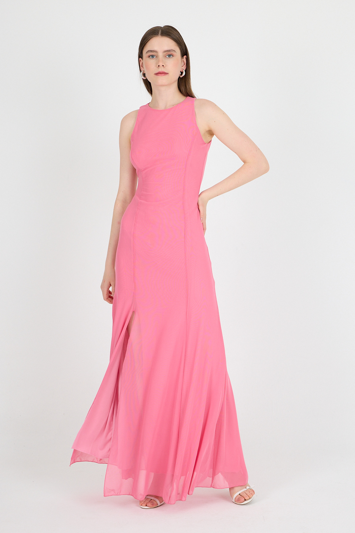 Pembe Yandan Yırtmaçlı Tül Uzun Elbise 251657 - 7