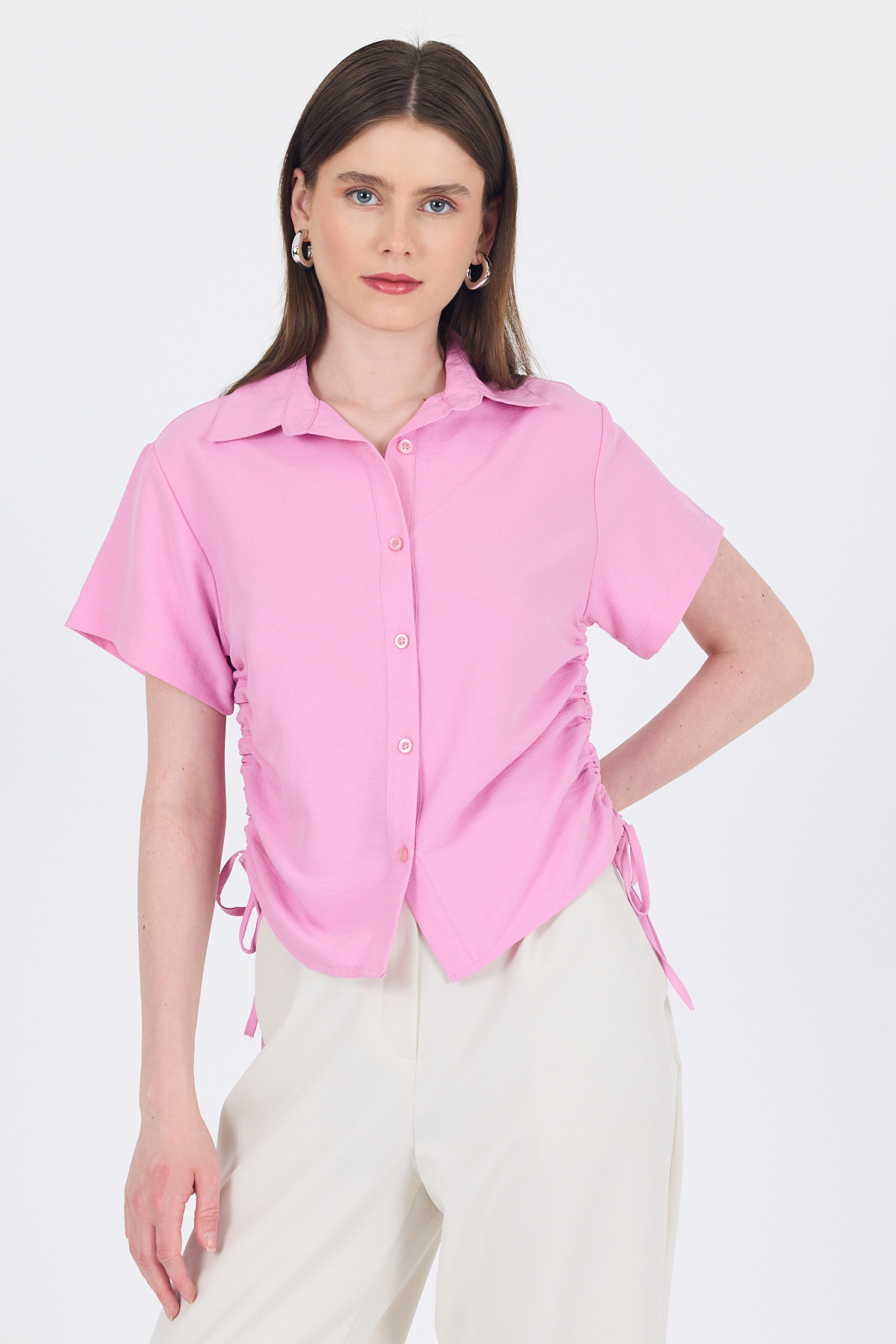 Pembe Yanları Büzgülü Bağcıklı Kısa Kollu Gömlek 4368A - RAYS