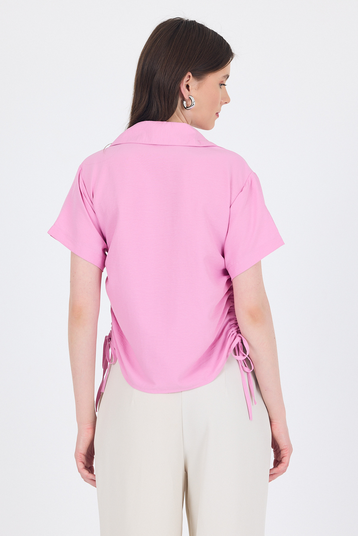 Pembe Yanları Büzgülü Bağcıklı Kısa Kollu Gömlek 4368A - 5