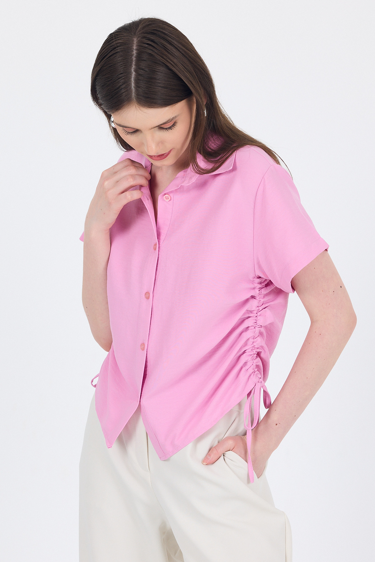 Pembe Yanları Büzgülü Bağcıklı Kısa Kollu Gömlek 4368A - 6