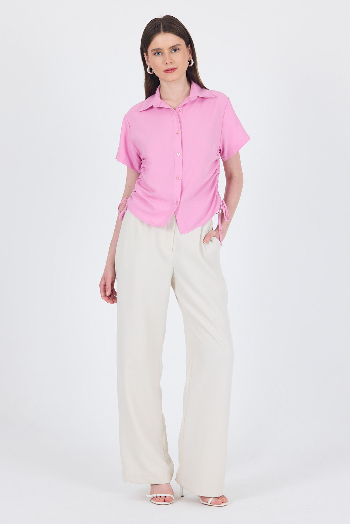 Pembe Yanları Büzgülü Bağcıklı Kısa Kollu Gömlek 4368A - 3