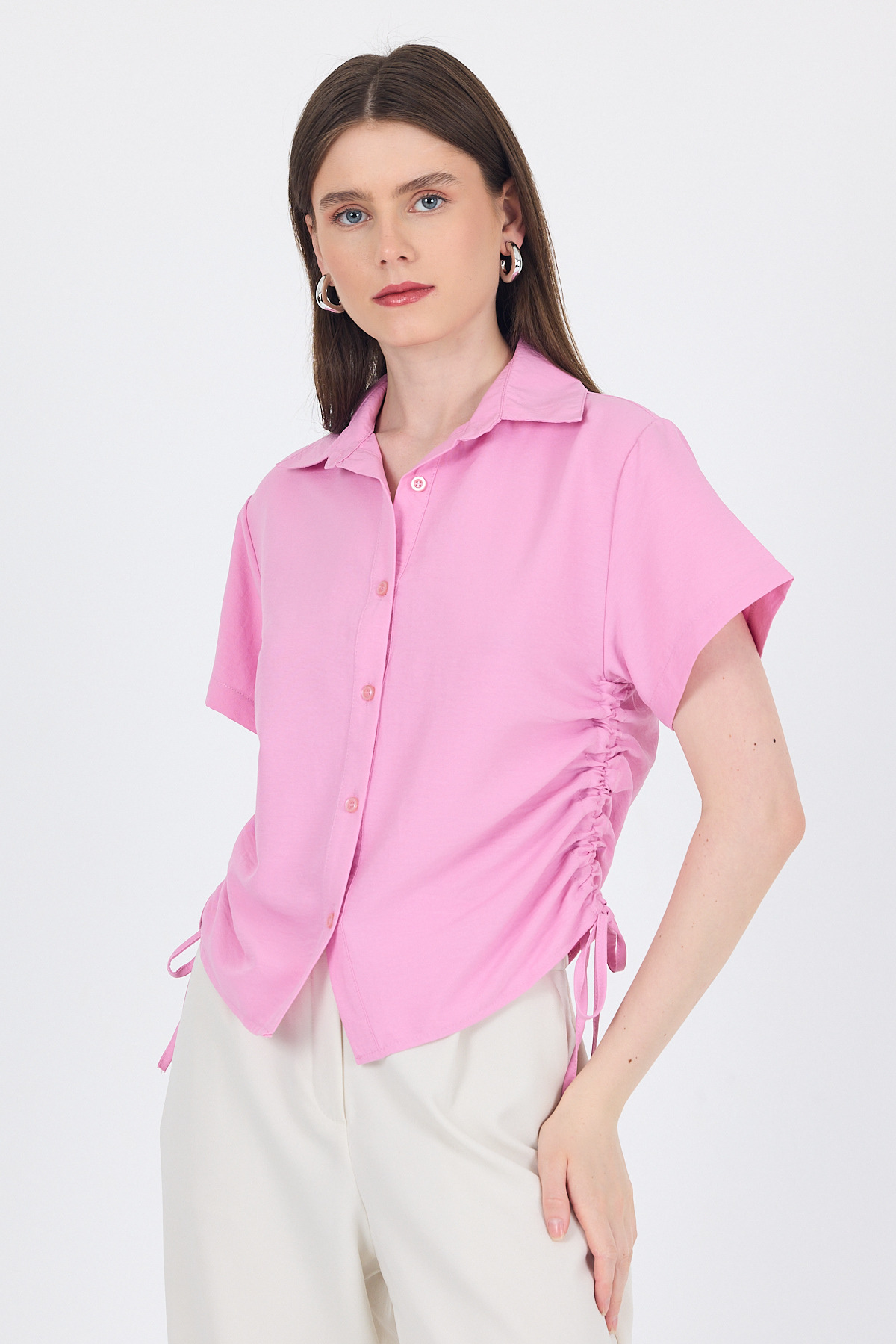 Pembe Yanları Büzgülü Bağcıklı Kısa Kollu Gömlek 4368A - RAYS