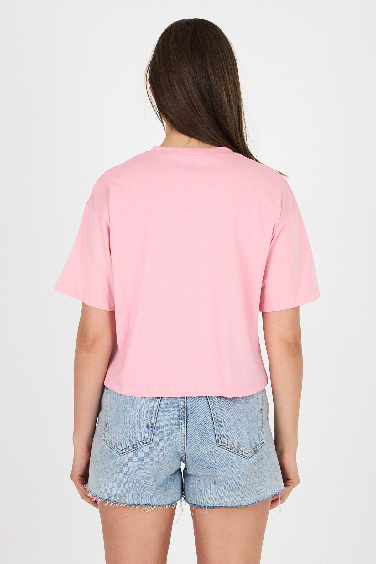 Pembe Yazı Baskılı %100 Pamuk Crop Tişört 9187M - 5