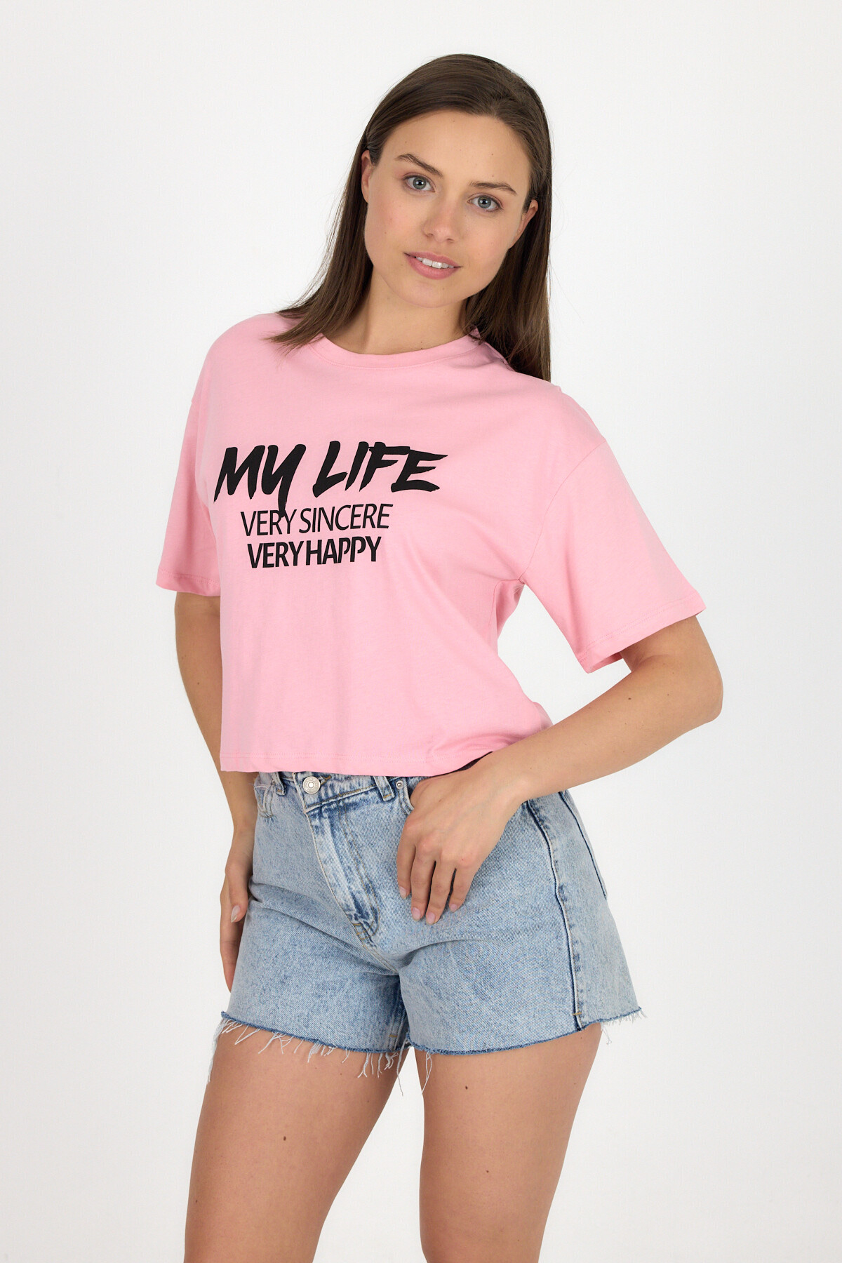 Pembe Yazı Baskılı %100 Pamuk Crop Tişört 9187M - RAYS