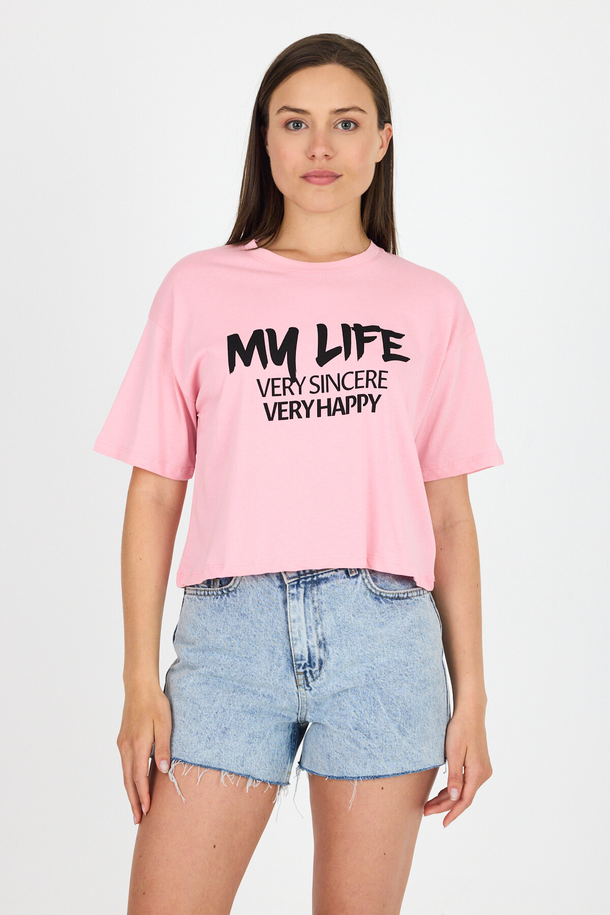 Pembe Yazı Baskılı %100 Pamuk Crop Tişört 9187M - 6