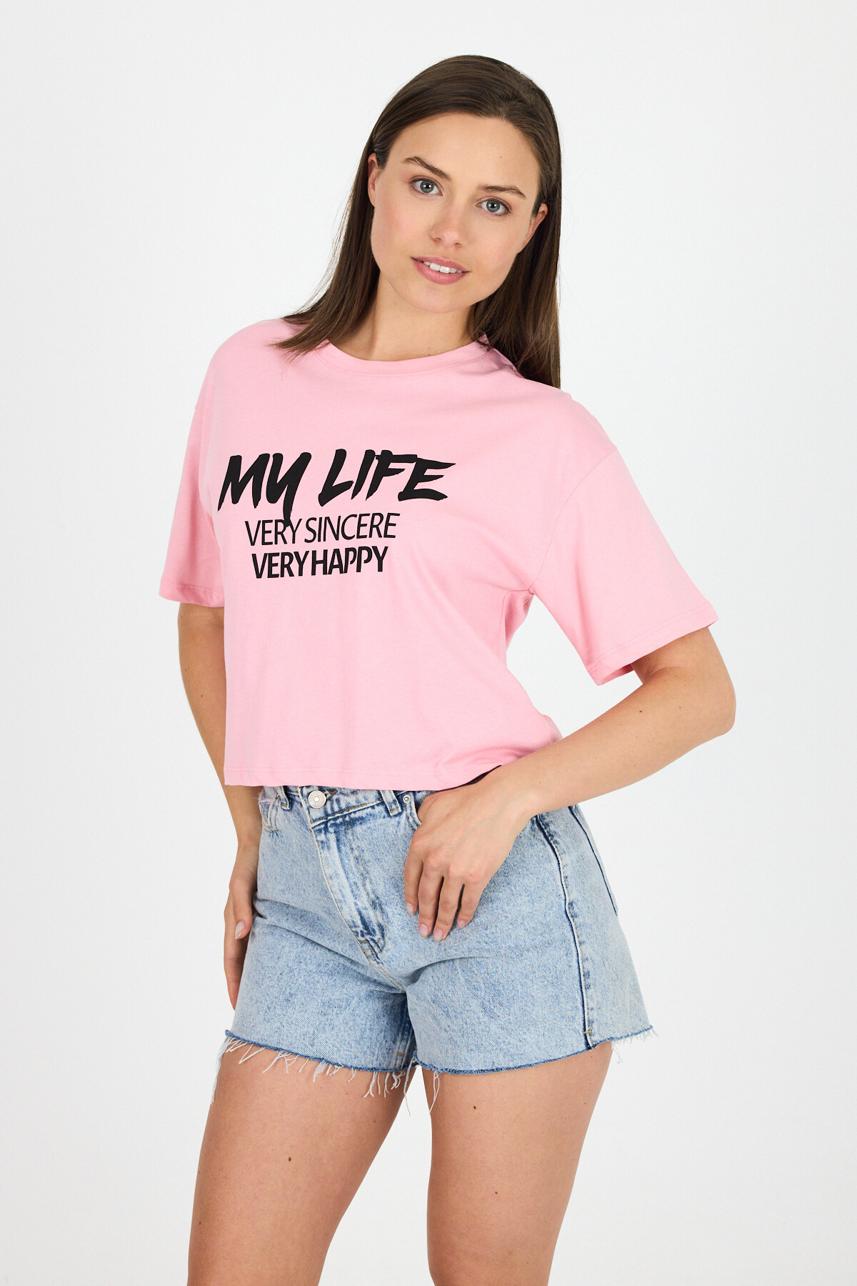 Pembe Yazı Baskılı %100 Pamuk Crop Tişört 9187M - 7