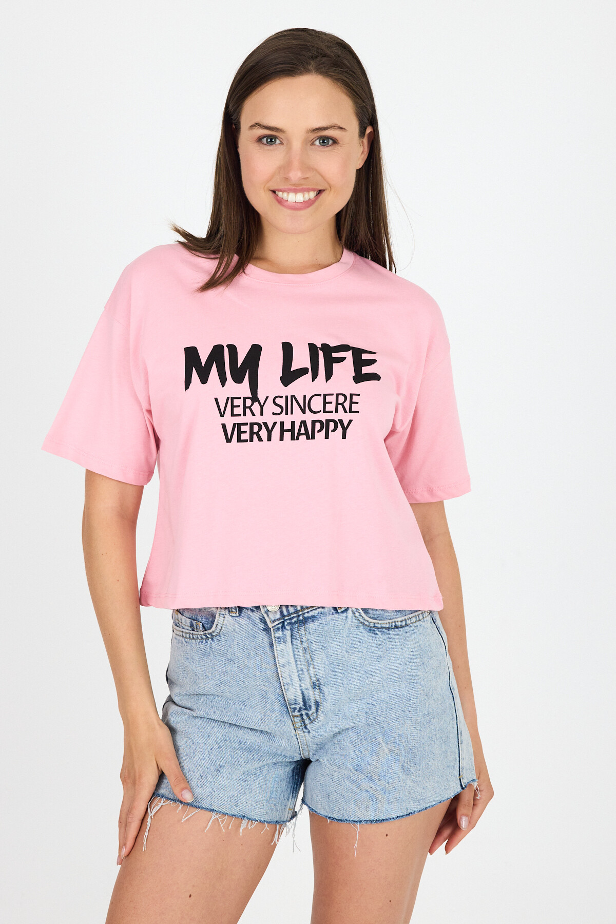 Pembe Yazı Baskılı %100 Pamuk Crop Tişört 9187M - RAYS