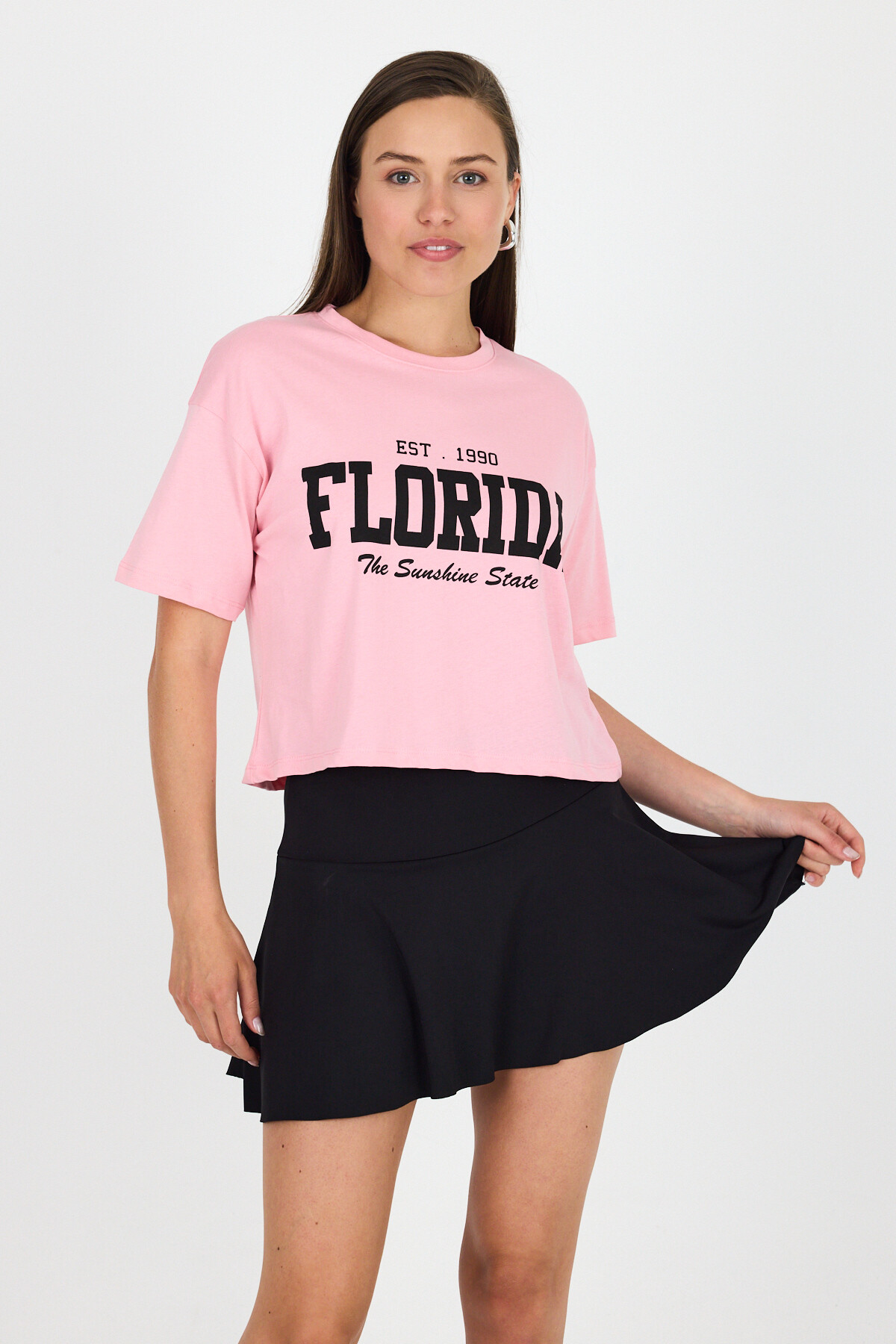 Pembe Yazı Baskılı %100 Pamuk Crop Tişört 9188M - 1