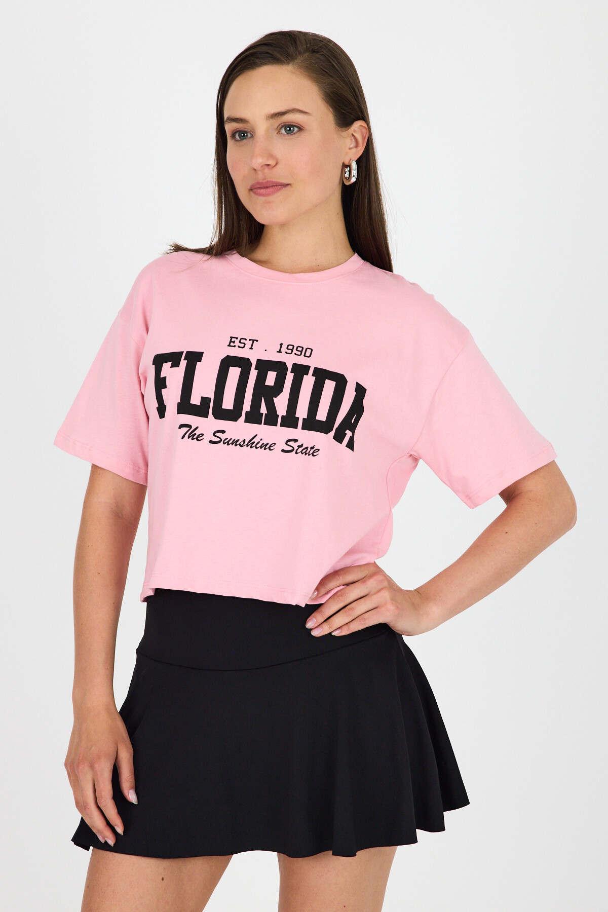 Pembe Yazı Baskılı %100 Pamuk Crop Tişört 9188M - RAYS