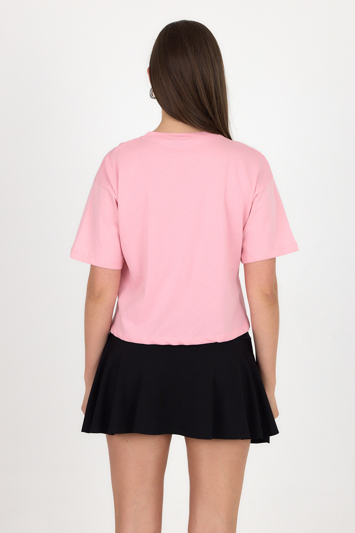 Pembe Yazı Baskılı %100 Pamuk Crop Tişört 9188M - 5