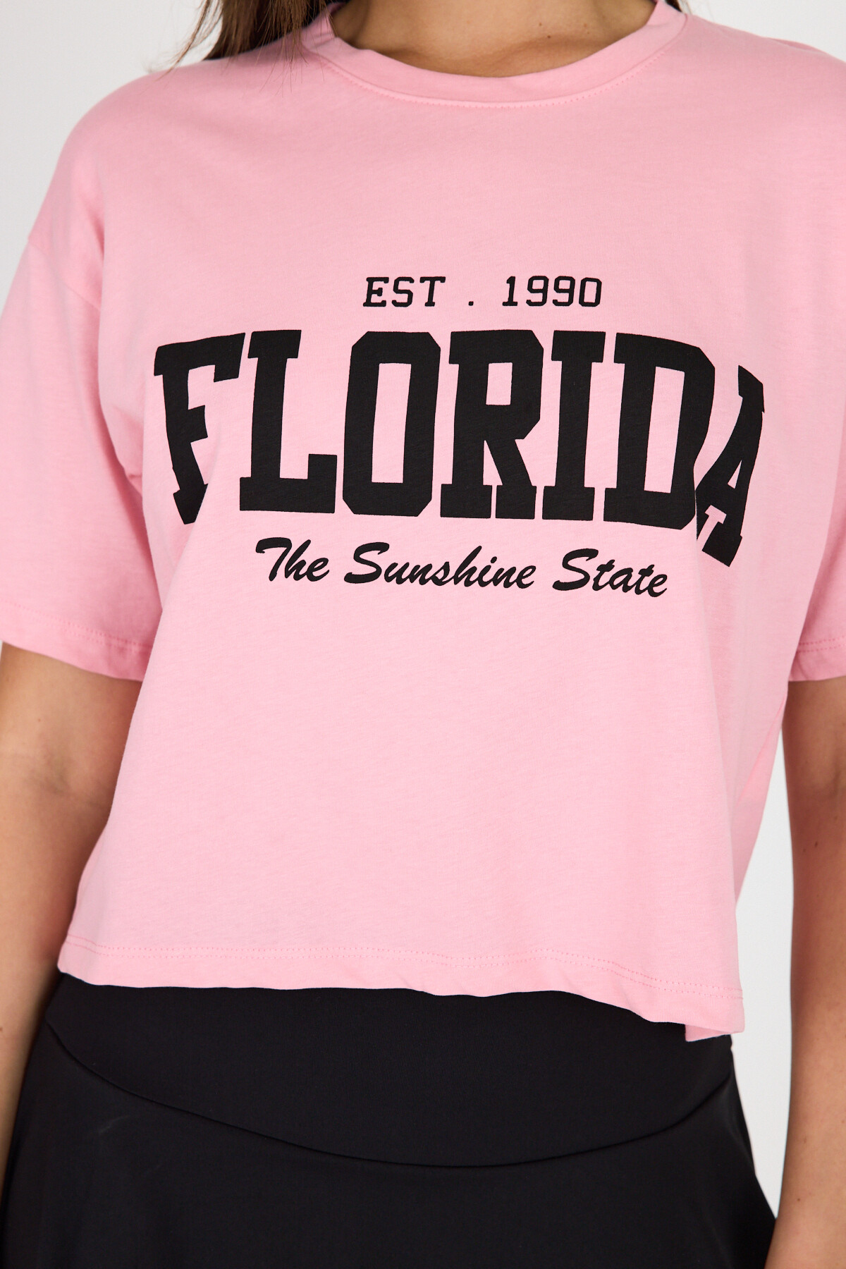 Pembe Yazı Baskılı %100 Pamuk Crop Tişört 9188M - 4