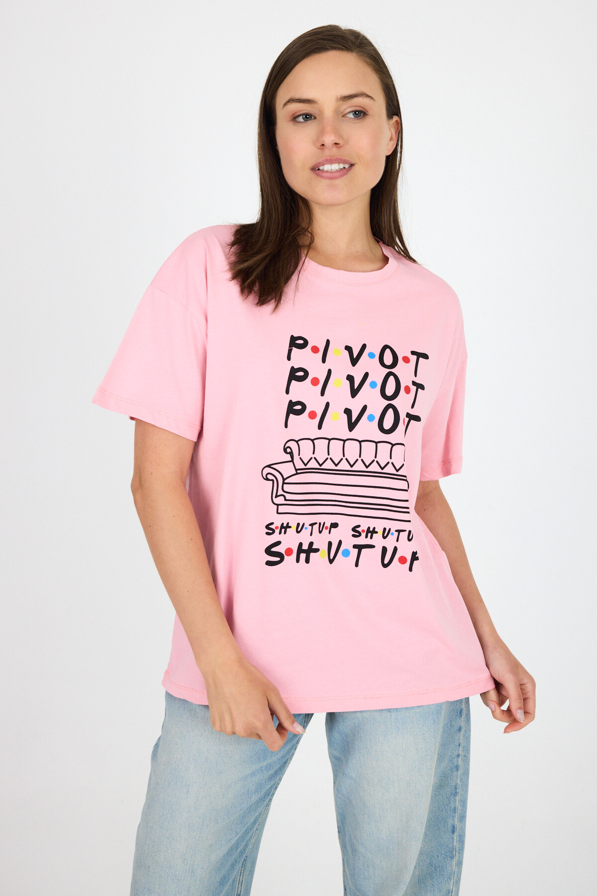 Pembe Yazı Baskılı %100 Pamuk Oversize Tişört 2150-10M - 1