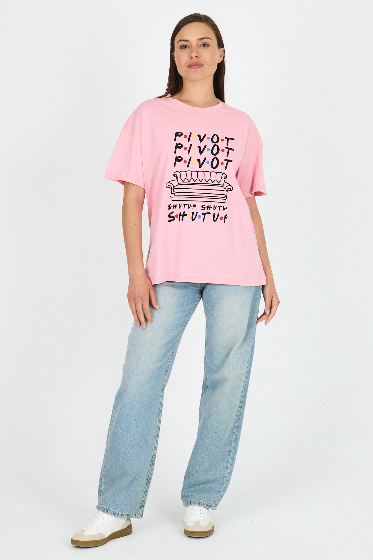 Pembe Yazı Baskılı %100 Pamuk Oversize Tişört 2150-10M - 2