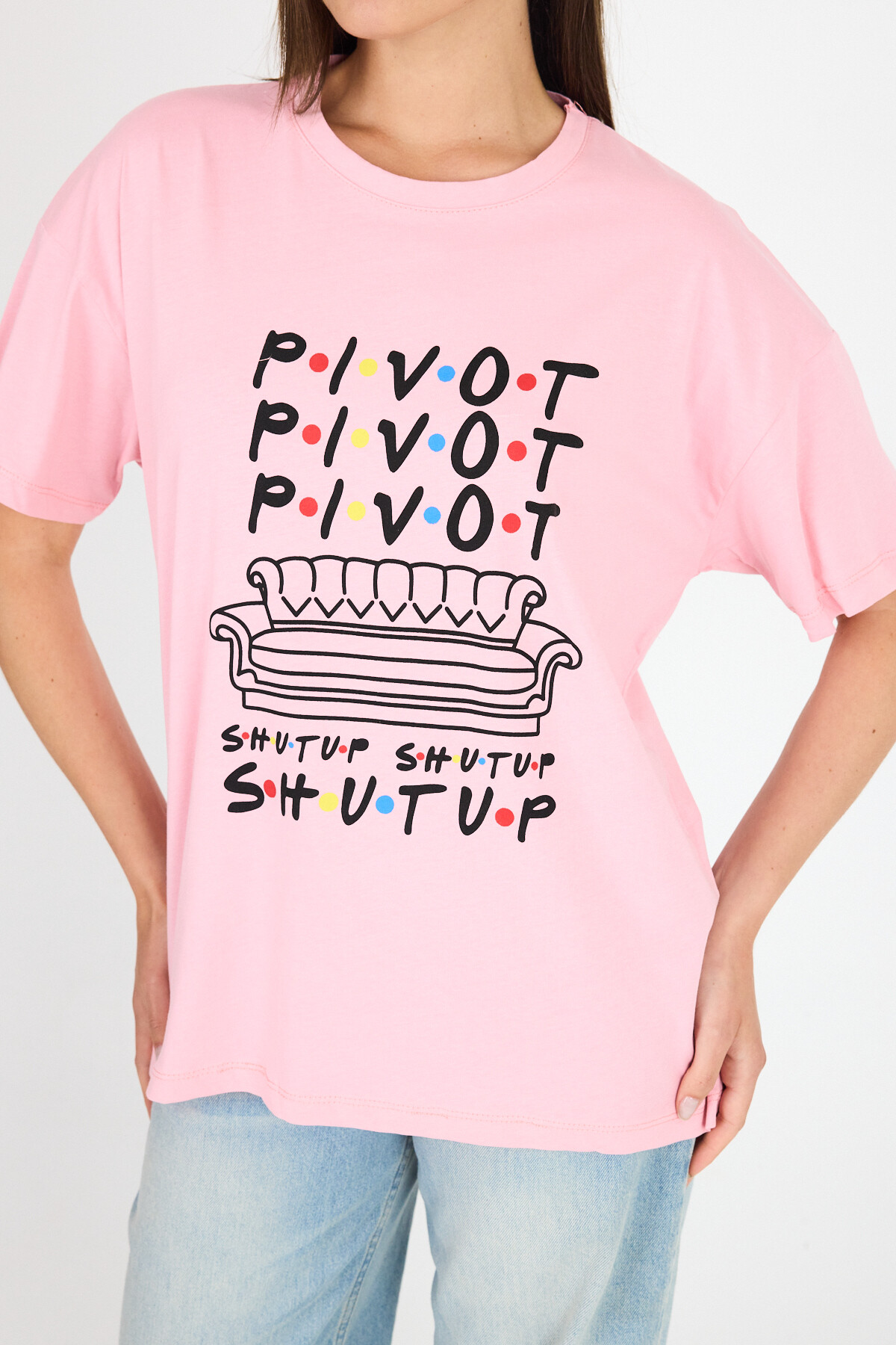 Pembe Yazı Baskılı %100 Pamuk Oversize Tişört 2150-10M - 4