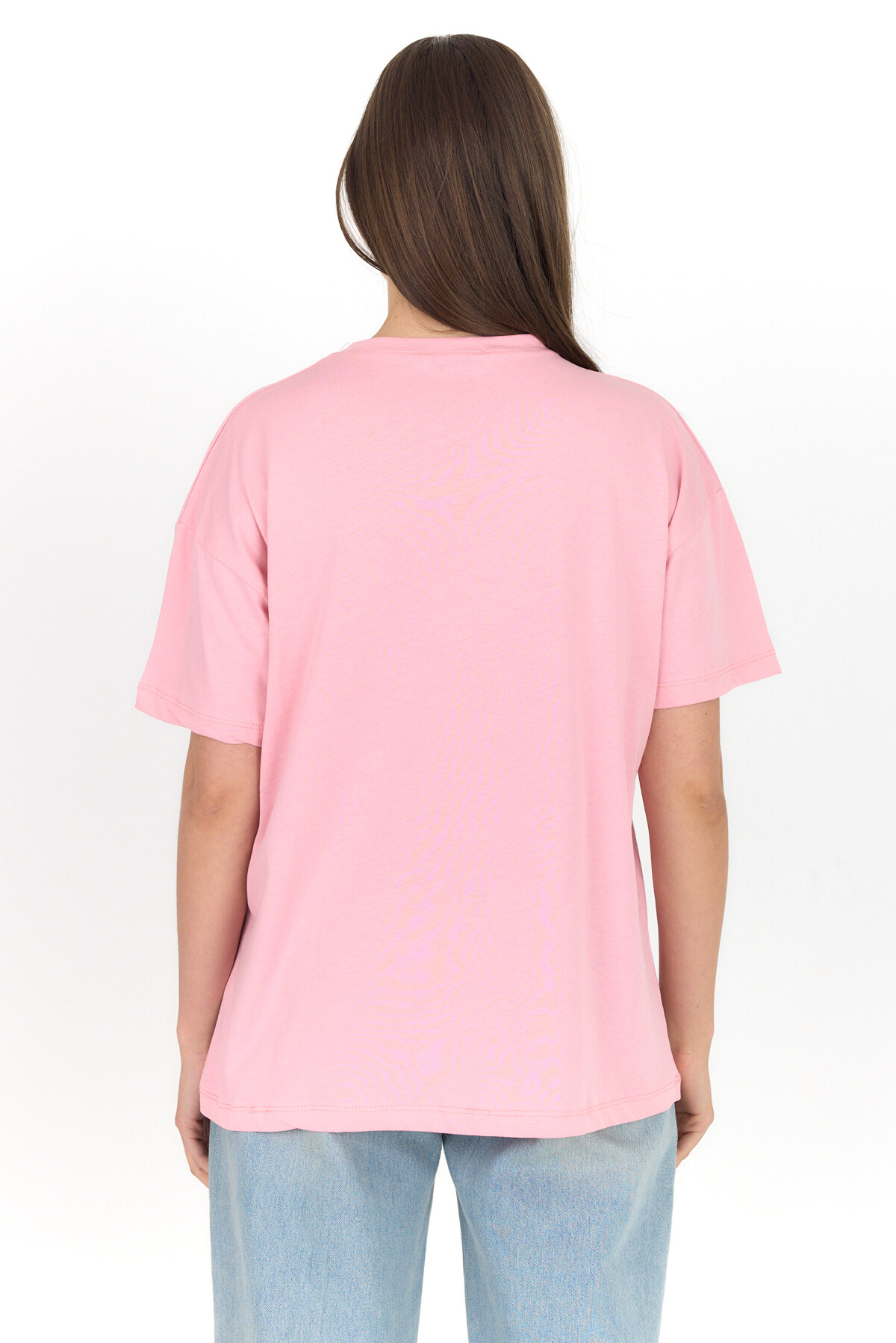 Pembe Yazı Baskılı %100 Pamuk Oversize Tişört 2150-10M - 5