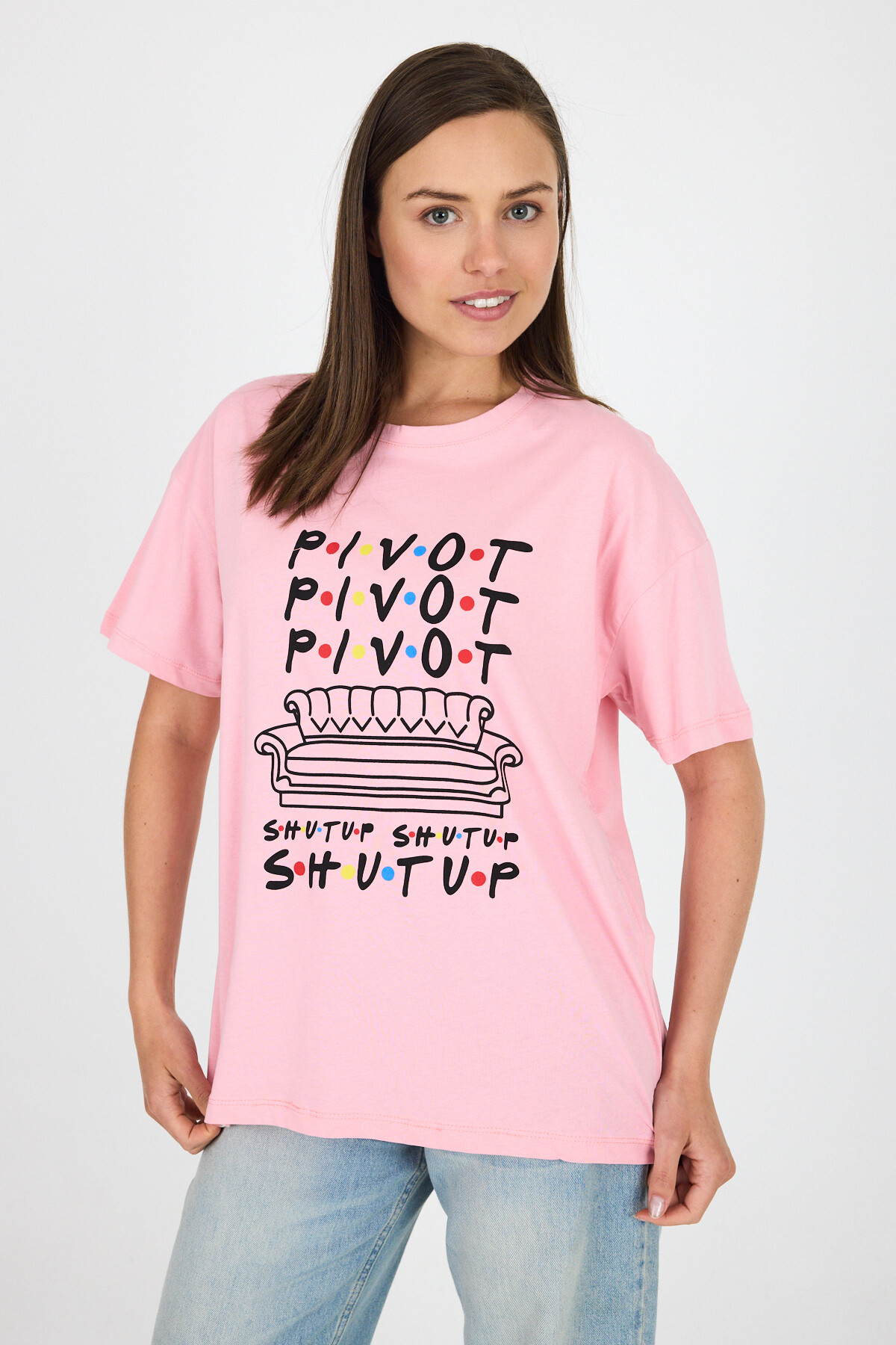 Pembe Yazı Baskılı %100 Pamuk Oversize Tişört 2150-10M - RAYS