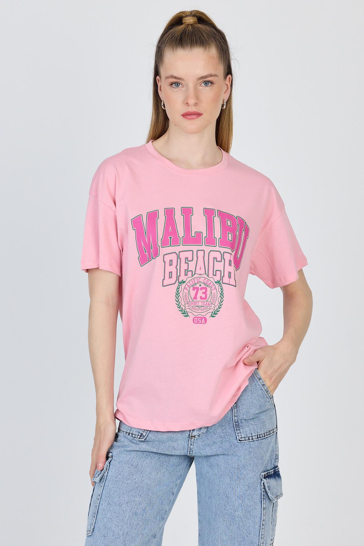 Pembe Yazı Baskılı %100 Pamuk Oversize Tişört 2150-17M - 1