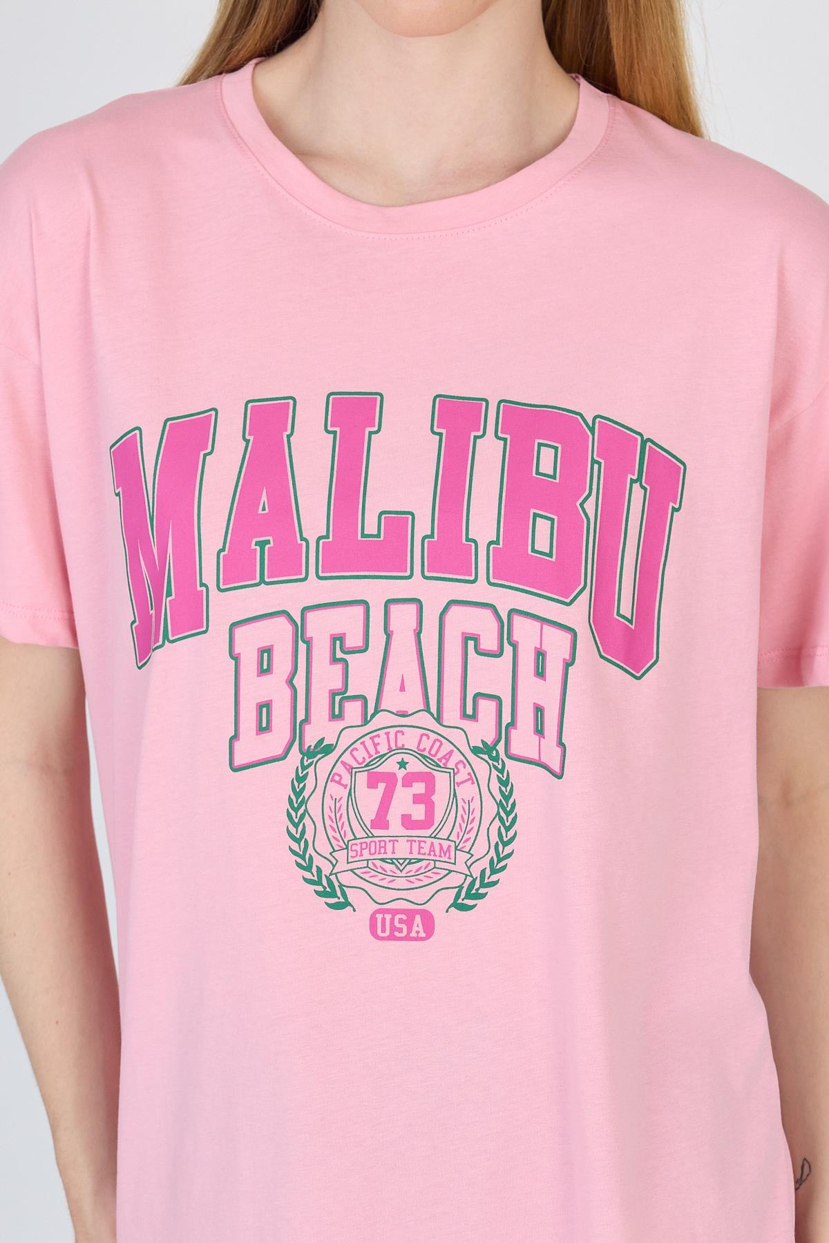 Pembe Yazı Baskılı %100 Pamuk Oversize Tişört 2150-17M - 4