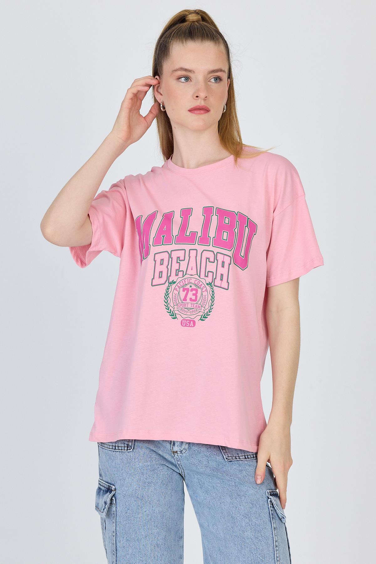 Pembe Yazı Baskılı %100 Pamuk Oversize Tişört 2150-17M - 2