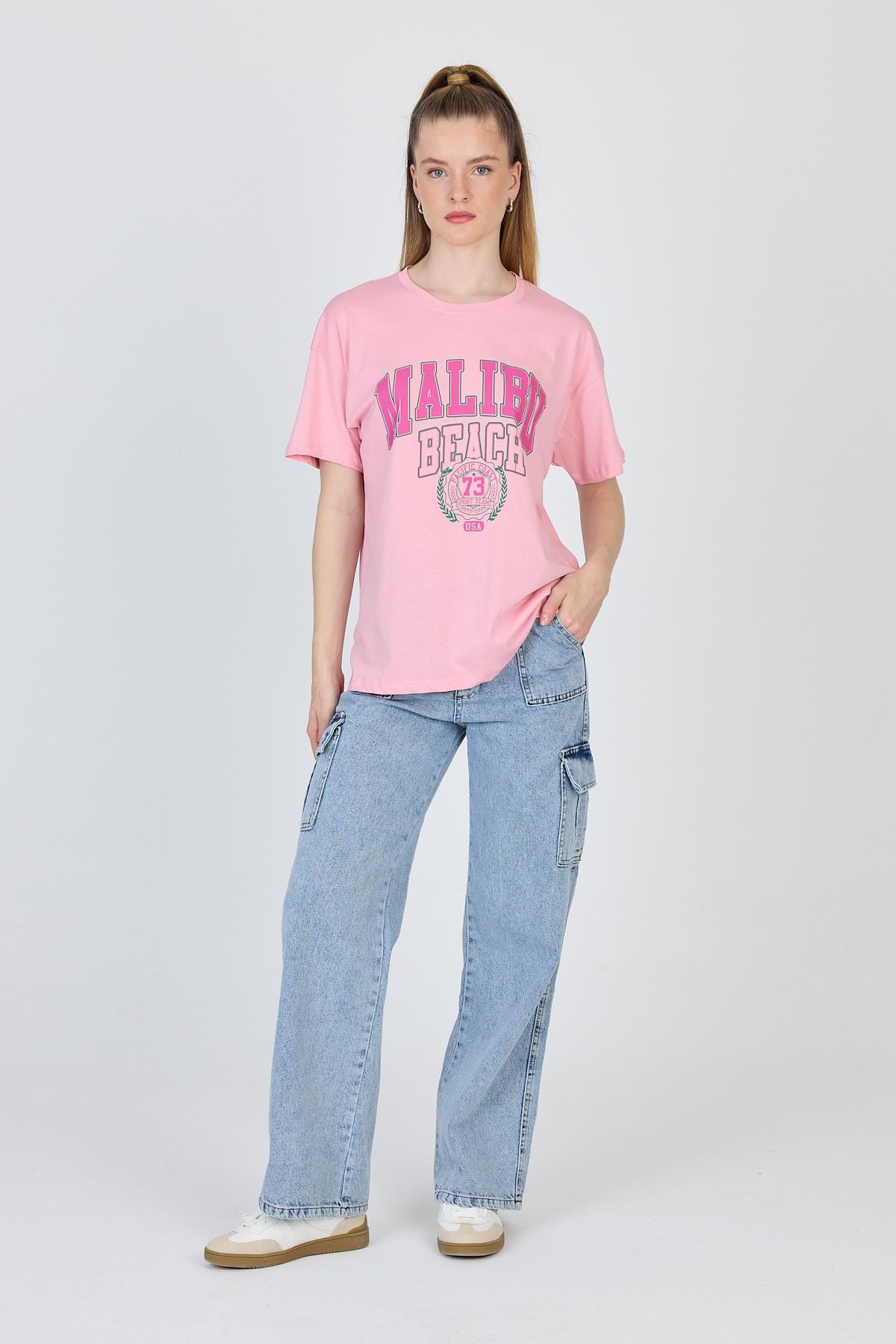 Pembe Yazı Baskılı %100 Pamuk Oversize Tişört 2150-17M - 3