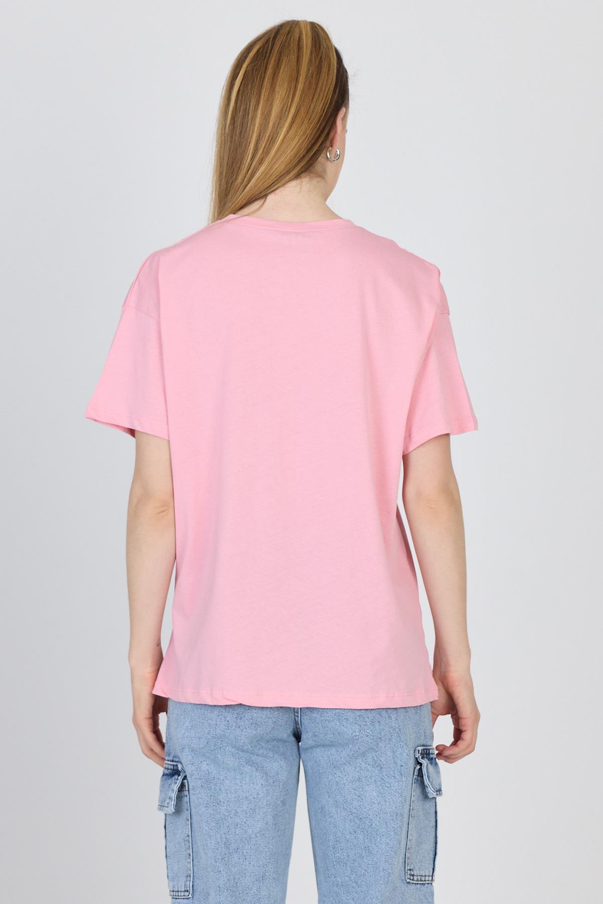 Pembe Yazı Baskılı %100 Pamuk Oversize Tişört 2150-17M - 5