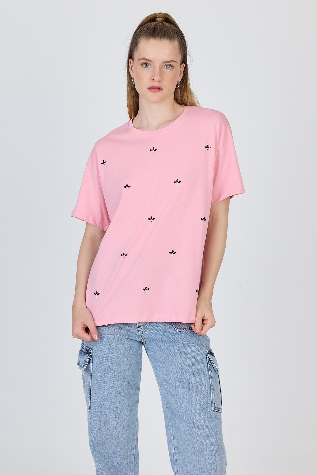 Pembe Yazı Baskılı %100 Pamuk Oversize Tişört 2150-18M - RAYS