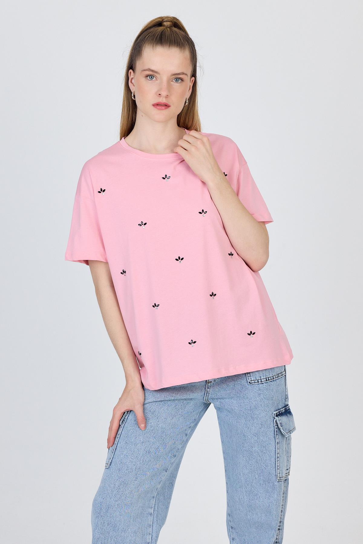Pembe Yazı Baskılı %100 Pamuk Oversize Tişört 2150-18M - 1