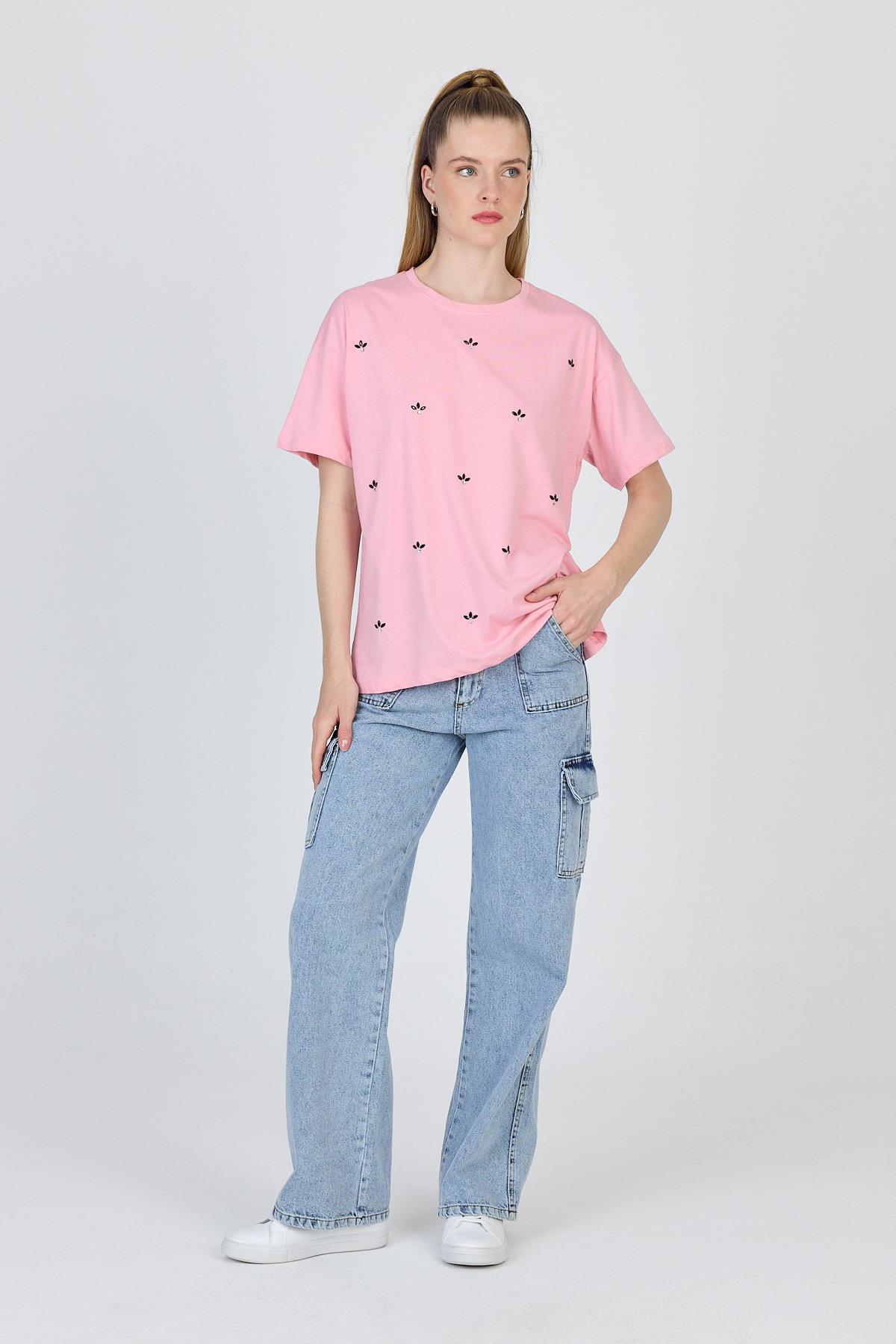 Pembe Yazı Baskılı %100 Pamuk Oversize Tişört 2150-18M - 2