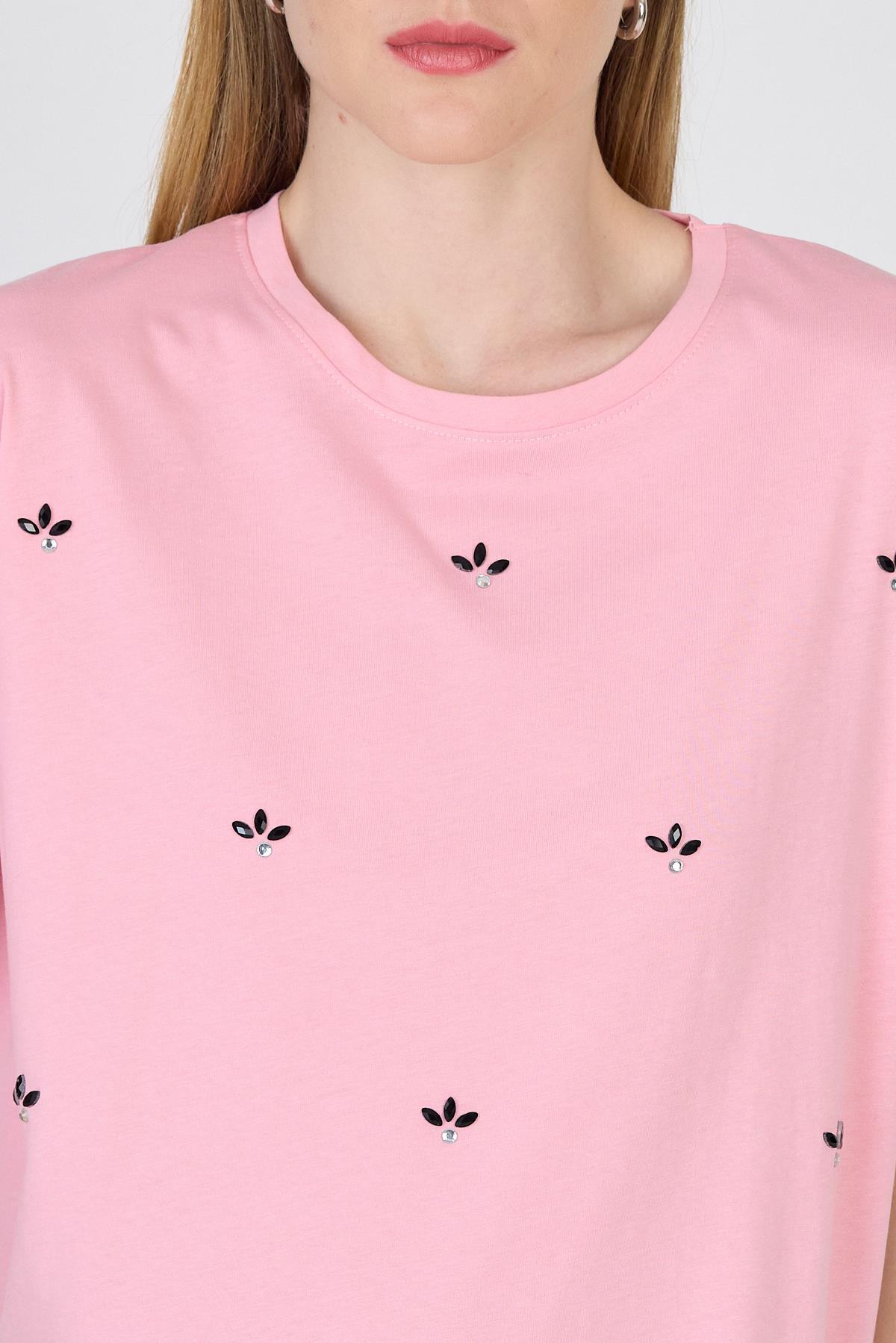 Pembe Yazı Baskılı %100 Pamuk Oversize Tişört 2150-18M - 4