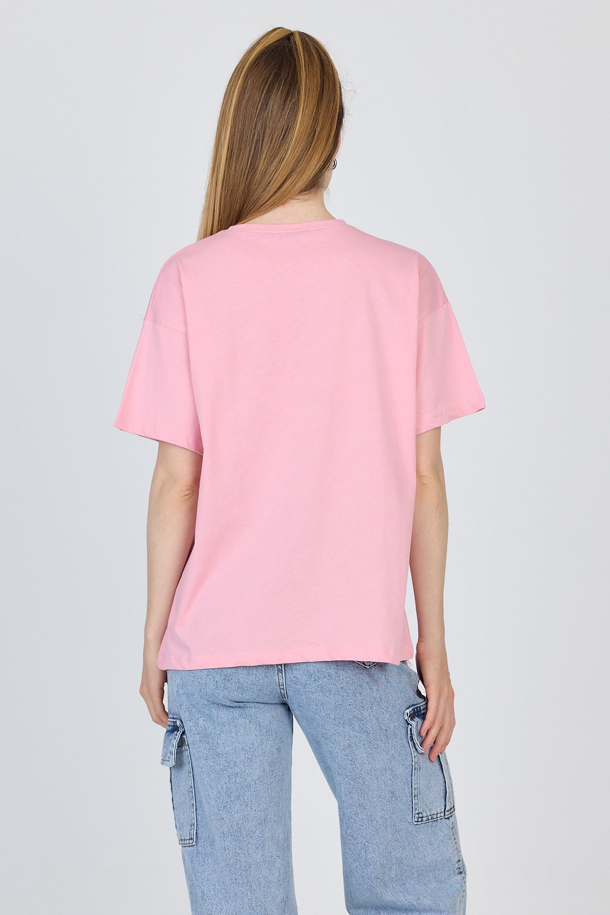 Pembe Yazı Baskılı %100 Pamuk Oversize Tişört 2150-18M - 5