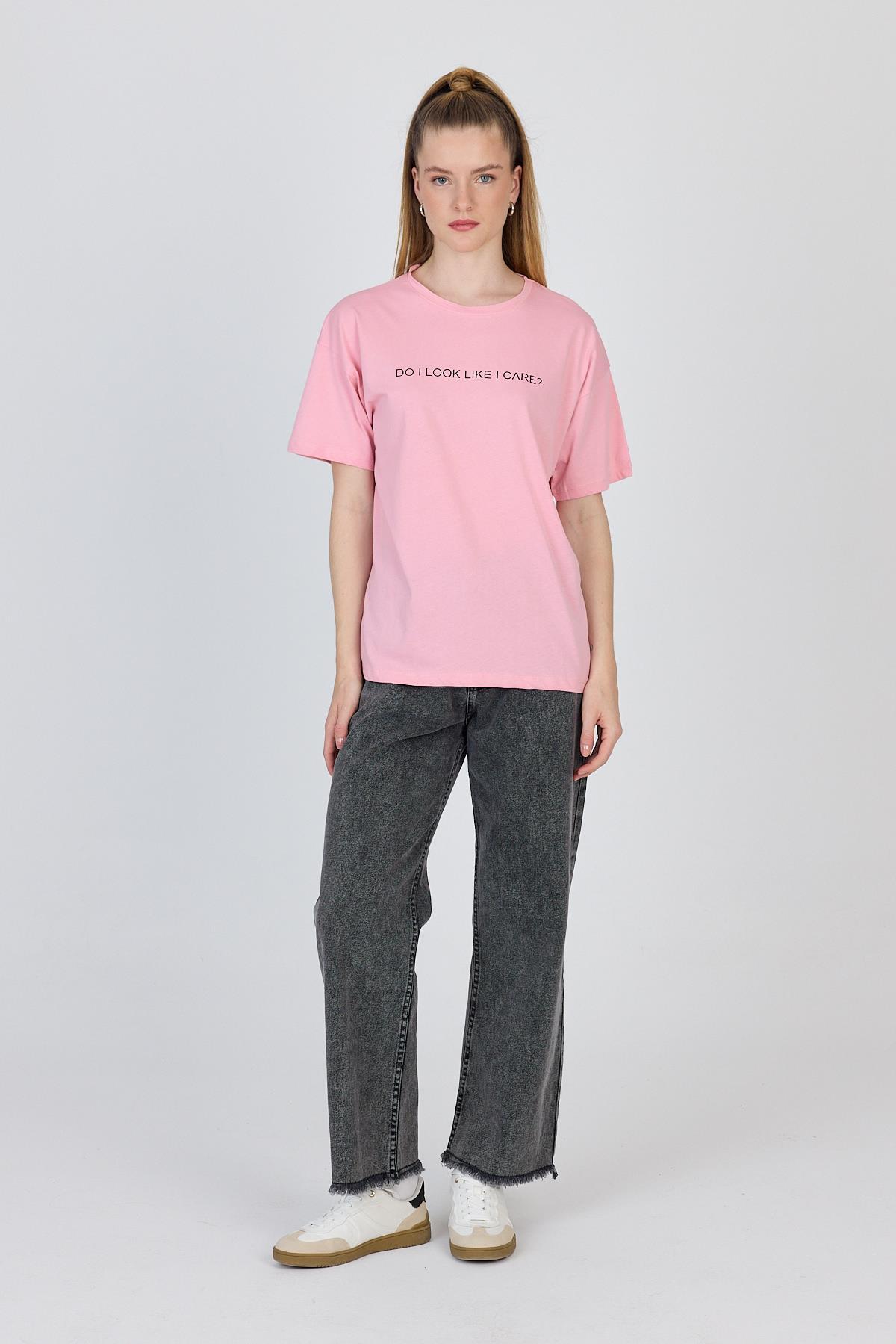 Pembe Yazı Baskılı %100 Pamuk Oversize Tişört 2150-5M - 2