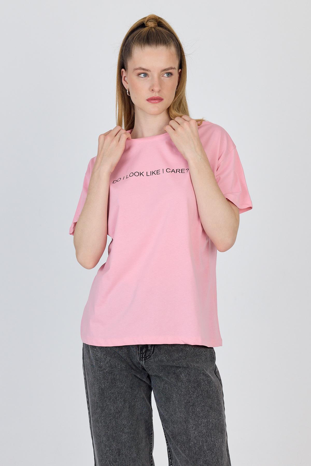 Pembe Yazı Baskılı %100 Pamuk Oversize Tişört 2150-5M - 3