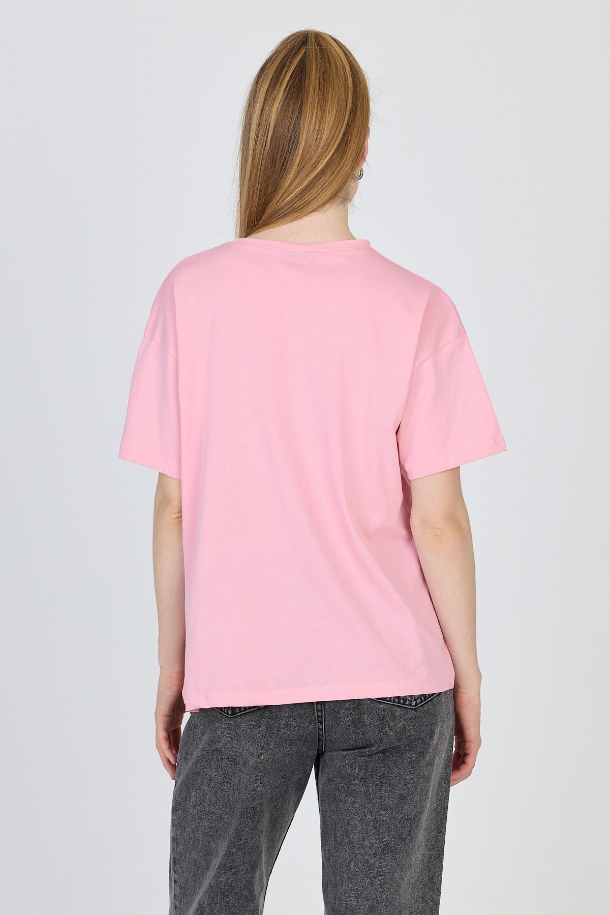 Pembe Yazı Baskılı %100 Pamuk Oversize Tişört 2150-5M - 5
