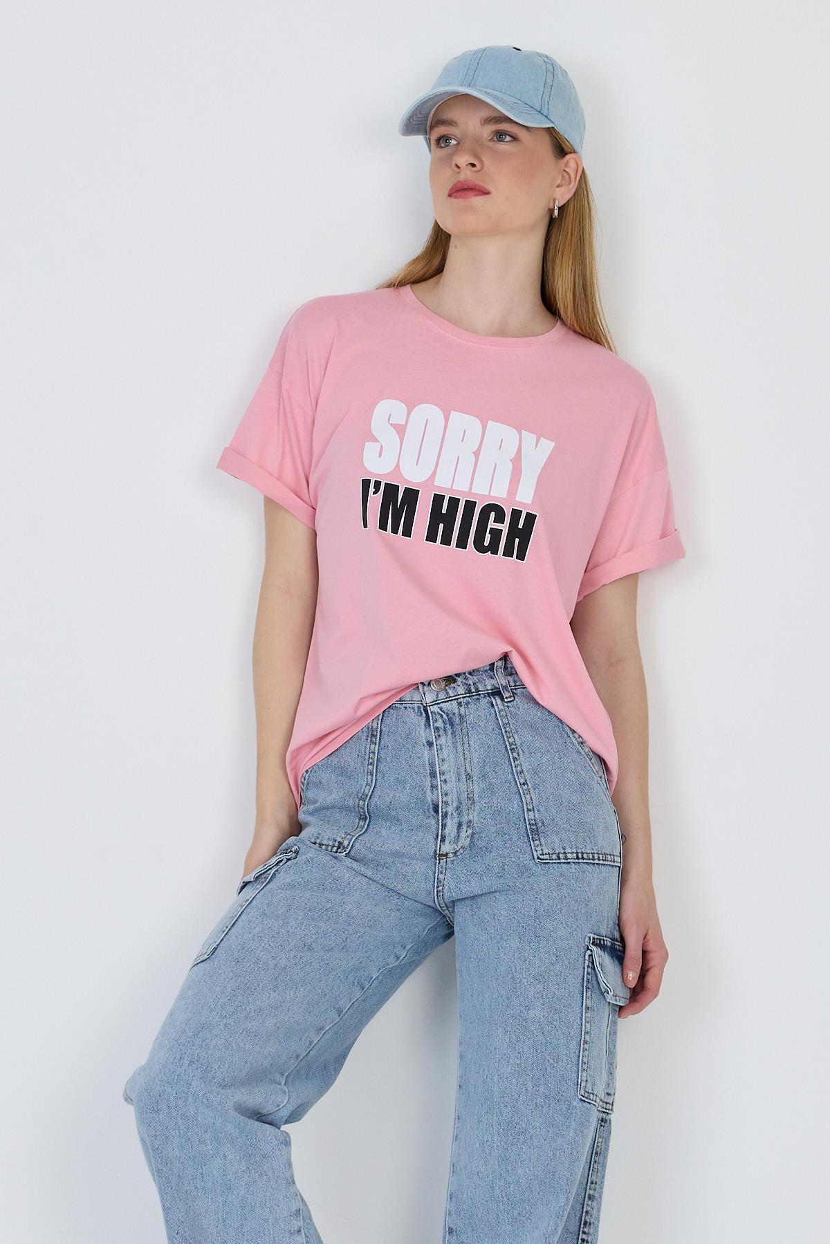 Pembe Yazı Baskılı %100 Pamuk Oversize Tişört 2150-7M - RAYS