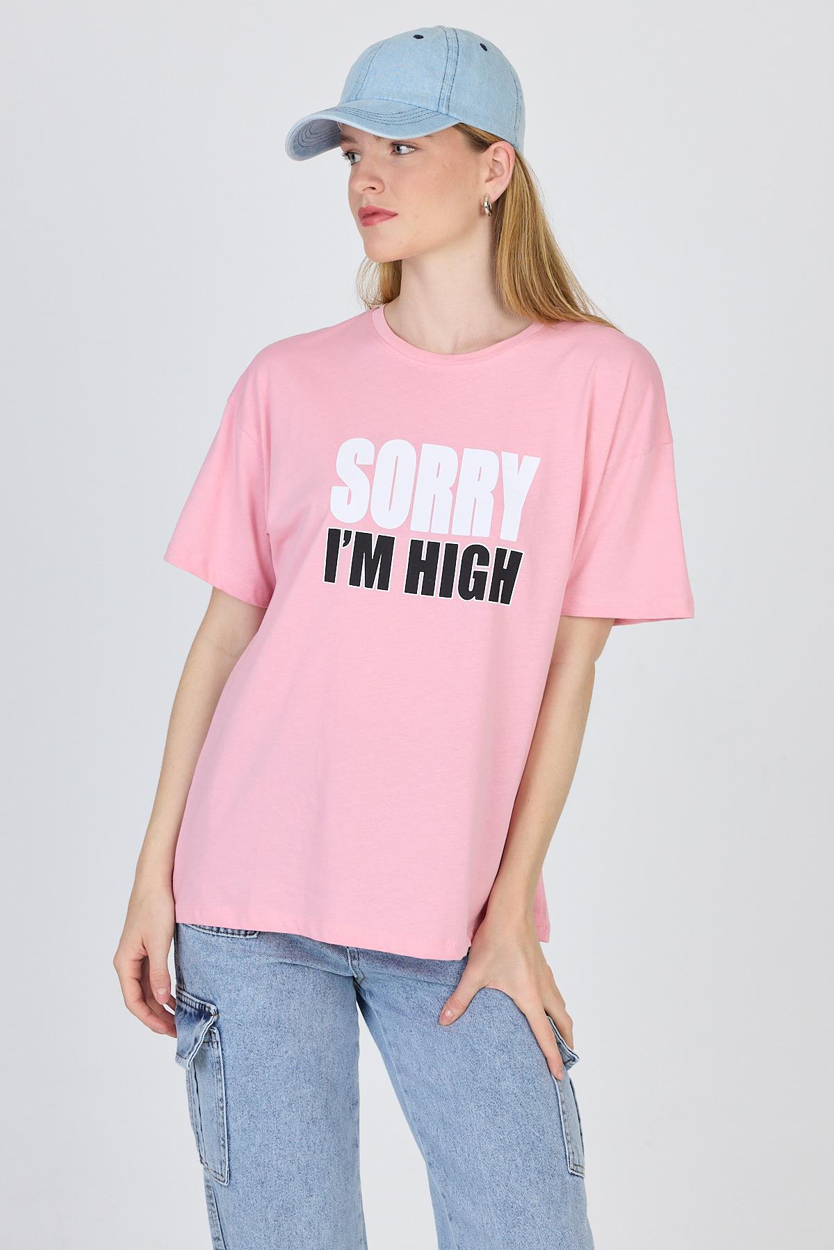Pembe Yazı Baskılı %100 Pamuk Oversize Tişört 2150-7M - 2