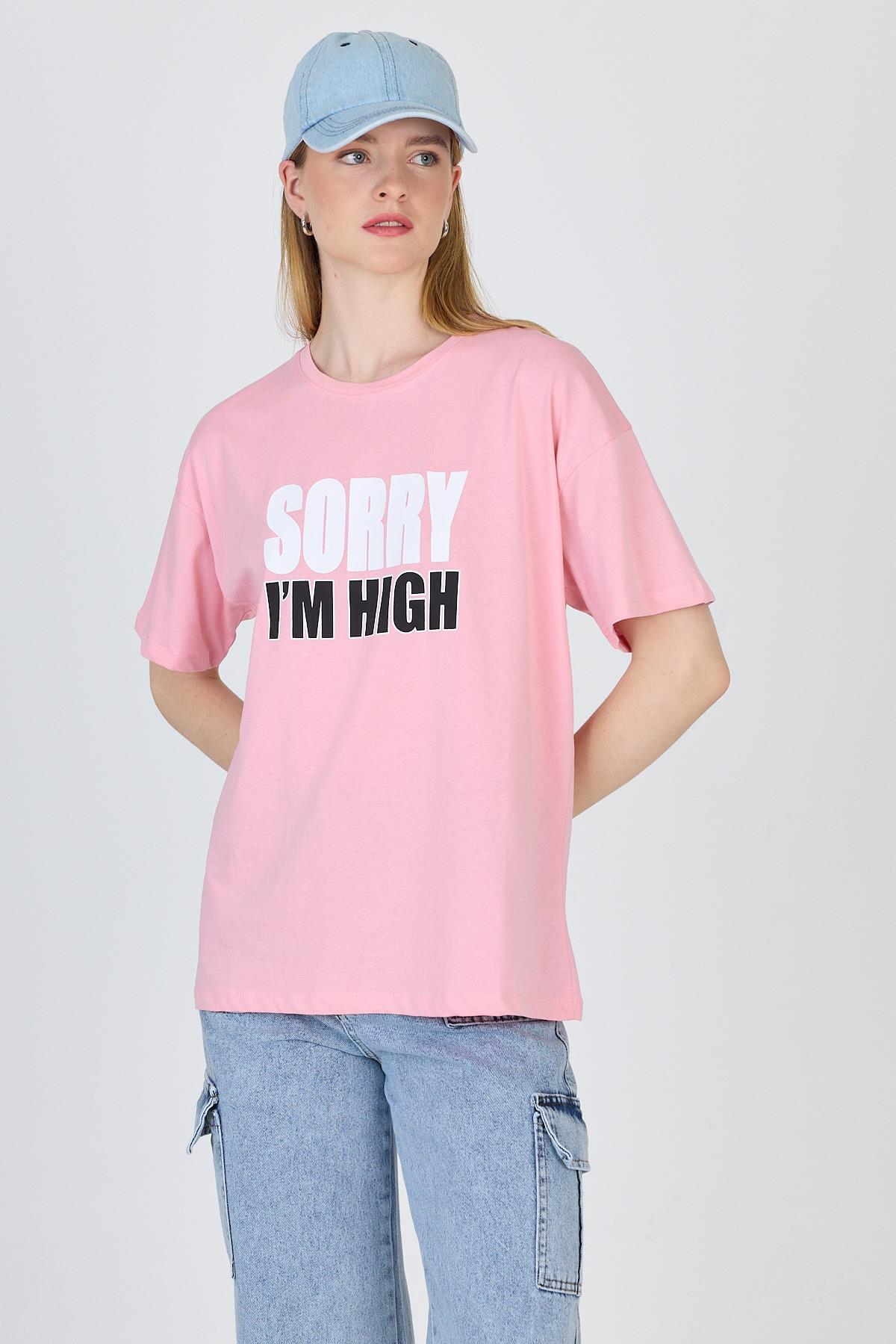 Pembe Yazı Baskılı %100 Pamuk Oversize Tişört 2150-7M - 6