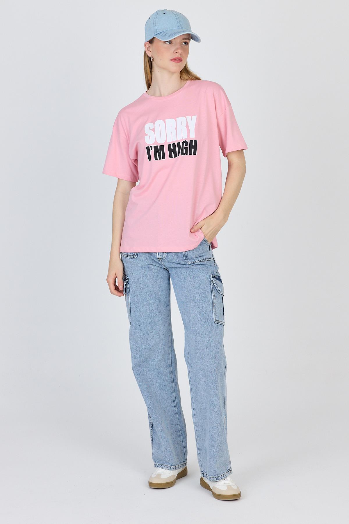 Pembe Yazı Baskılı %100 Pamuk Oversize Tişört 2150-7M - 3