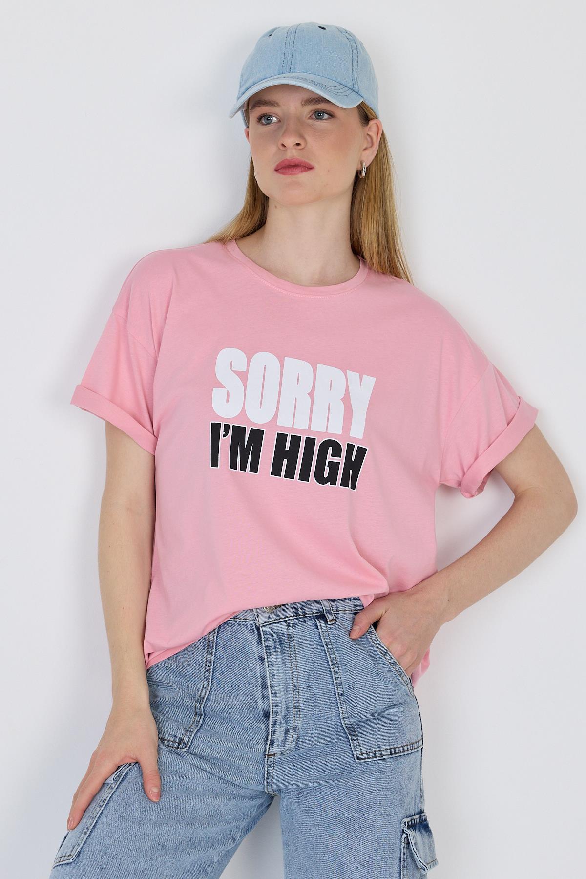 Pembe Yazı Baskılı %100 Pamuk Oversize Tişört 2150-7M - 4