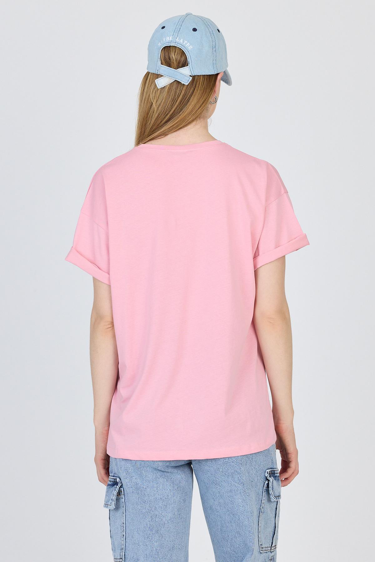 Pembe Yazı Baskılı %100 Pamuk Oversize Tişört 2150-7M - 5
