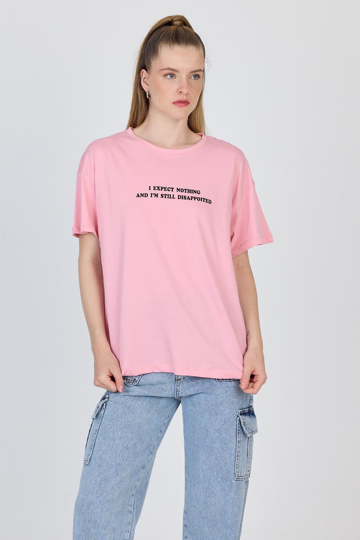Pembe Yazı Baskılı %100 Pamuk Oversize Tişört 2150-8M - 1