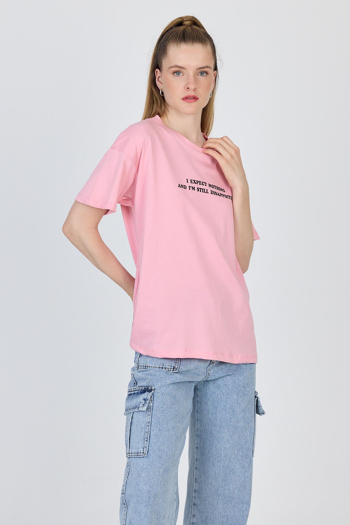 Pembe Yazı Baskılı %100 Pamuk Oversize Tişört 2150-8M - 2