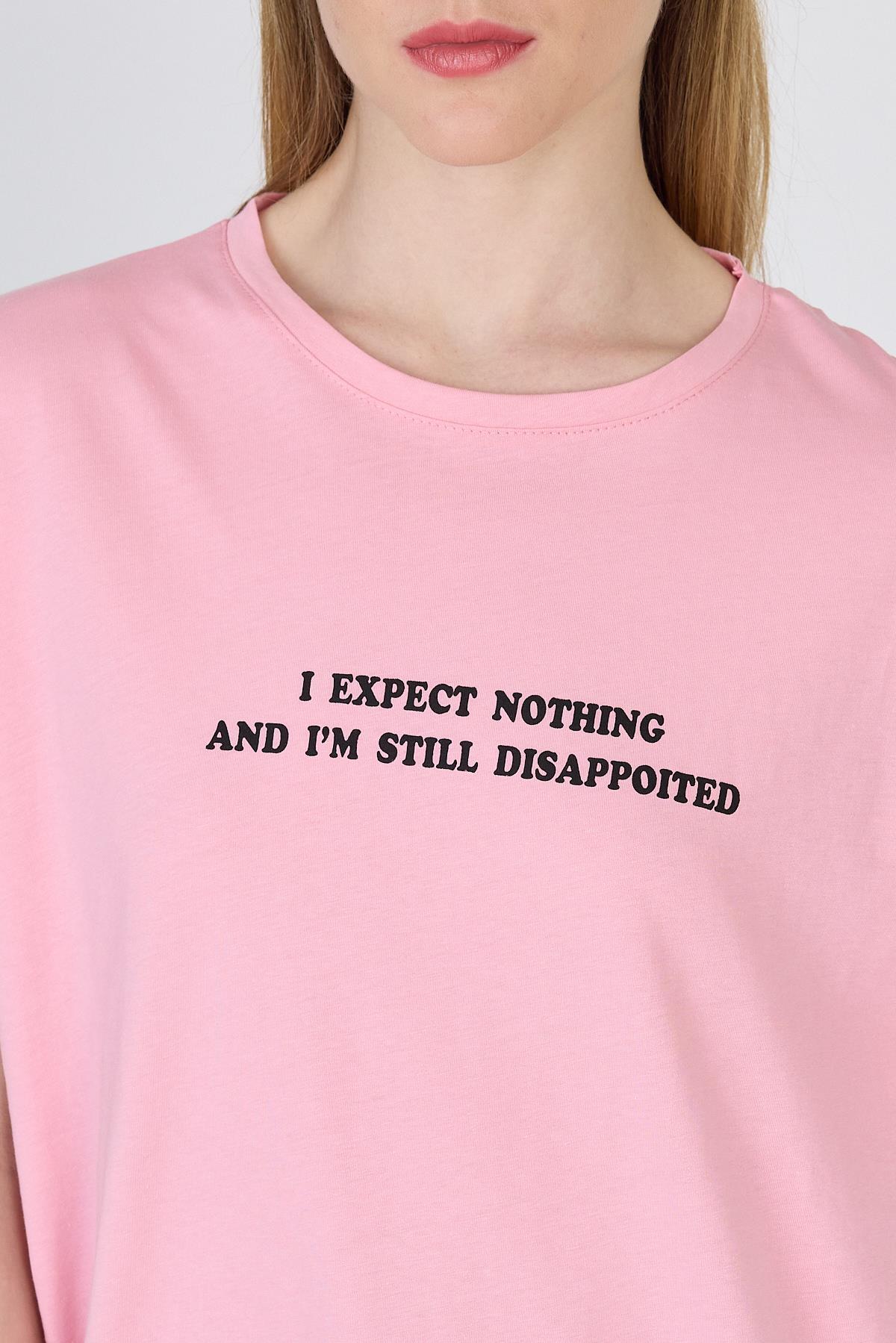 Pembe Yazı Baskılı %100 Pamuk Oversize Tişört 2150-8M - 4
