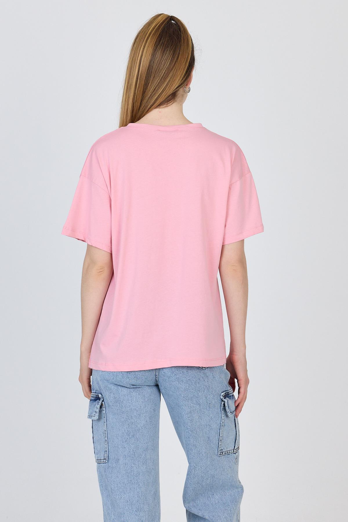 Pembe Yazı Baskılı %100 Pamuk Oversize Tişört 2150-8M - 5