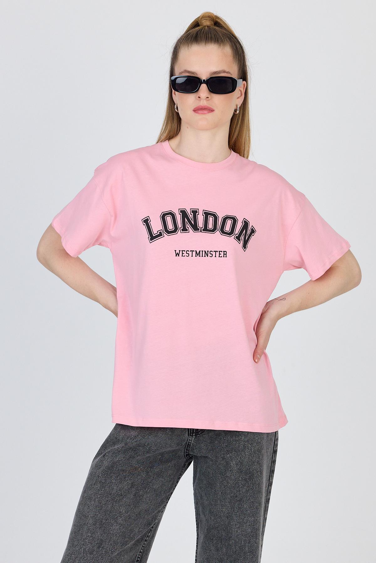 Pembe Yazı Baskılı %100 Pamuk Oversize Tişört 2150-9M - 1