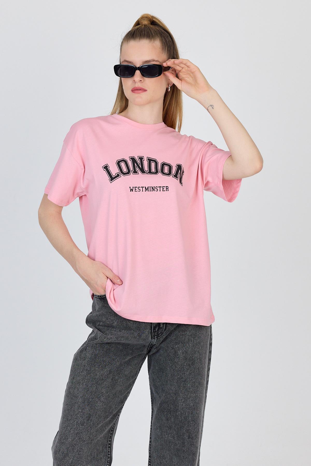 Pembe Yazı Baskılı %100 Pamuk Oversize Tişört 2150-9M - 2