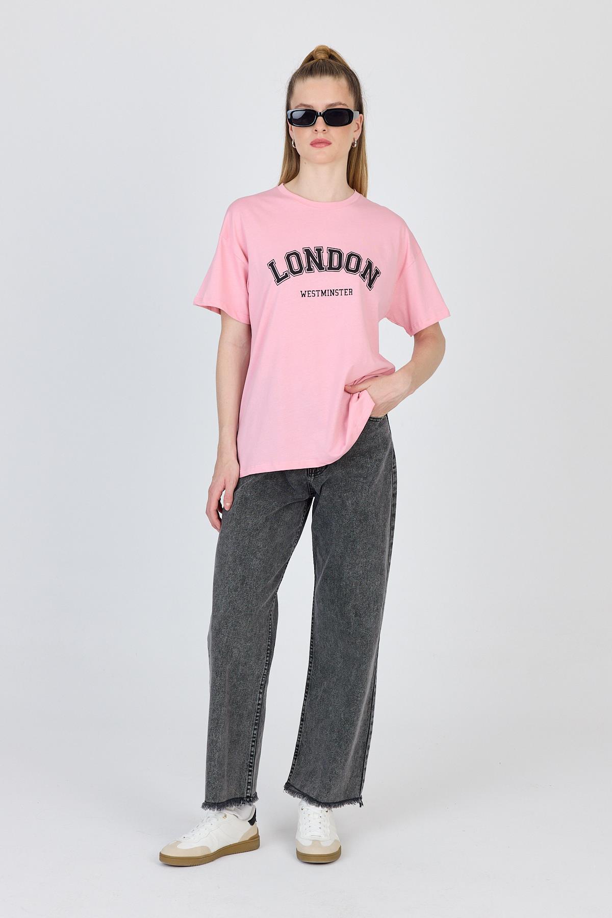 Pembe Yazı Baskılı %100 Pamuk Oversize Tişört 2150-9M - RAYS